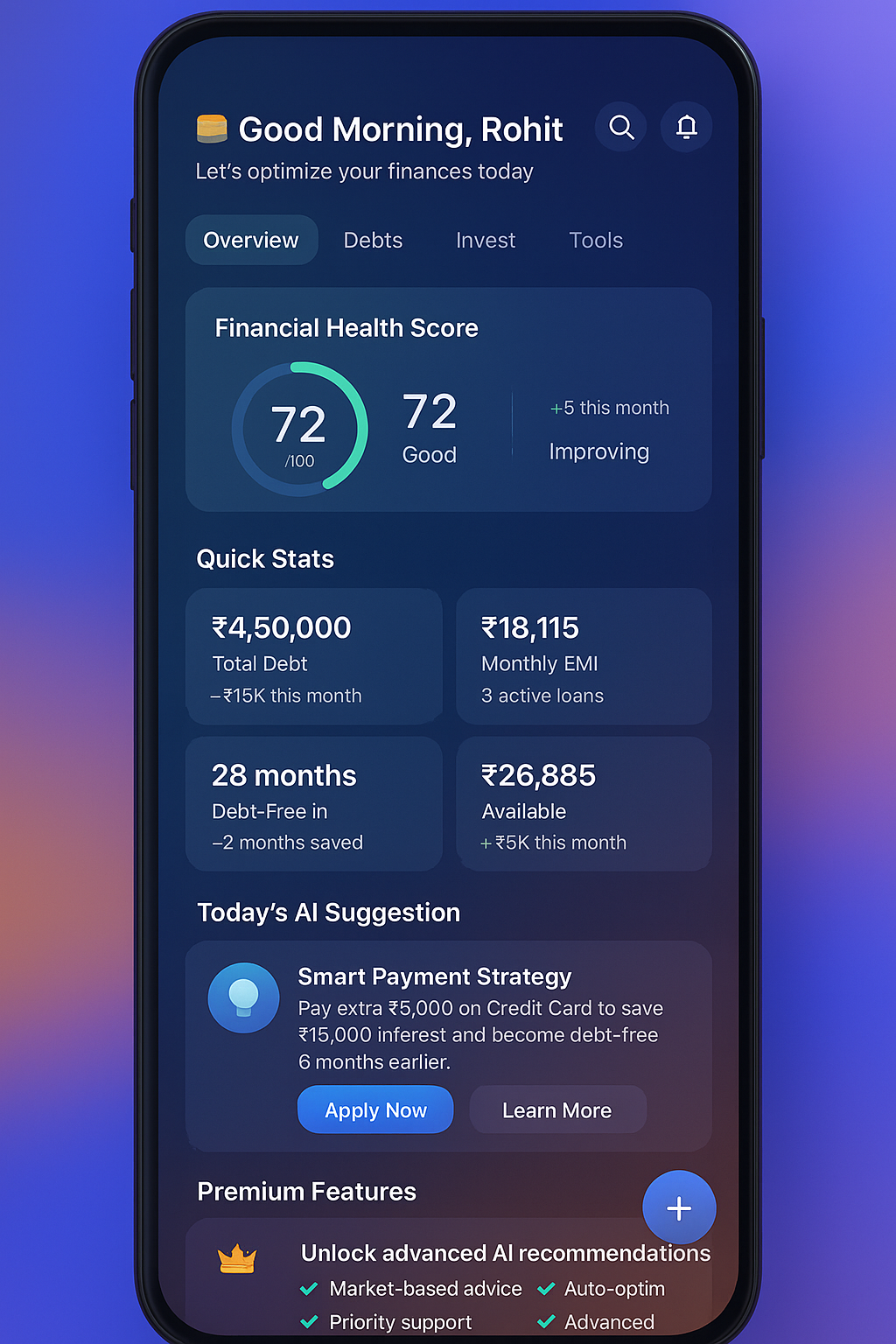 Balncy mobile app dashboard showing debt management and investment features